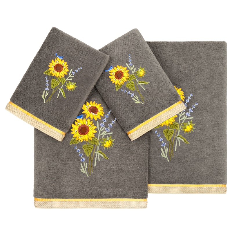 Authentic Hotel and Spa 100% Turkish Cotton Girasol 4PC Embellished Towel Set - Charcoal