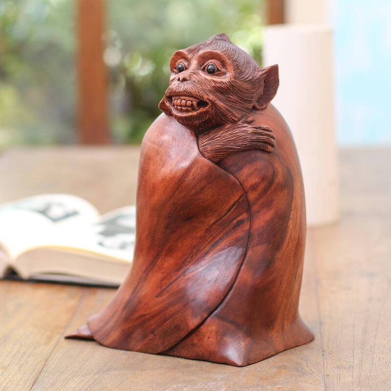 Wood sculpture, 'Cold Monkey' - 10.75" H x 7.75" W x 5" D