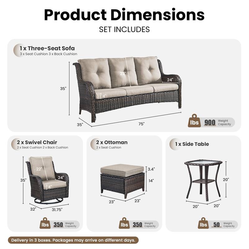 Gymojoy 6-Piece Outdoor Wicker Patio Set with Swivel Rockers, 3-Seater Sofa & Ottomans