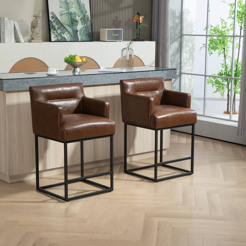 House Hold Counter Height Bar Stools Set of 2,Modern Square PU Bar Stool - Brown