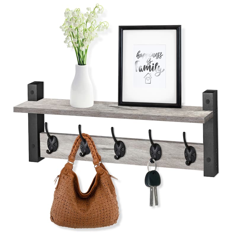 Sorbus Coat Hooks Wall Mount Floating Shelf with 5 Heavy Duty Hooks, Large and Extra Large - Grey - Extra Large