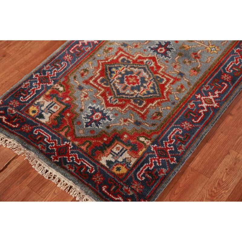 Hand Knotted Oriental 100% Wool Carpet Traditional Geometric Greys & Charcoal Heriz (serapi) Runner Rug - 7' 11'' X 2' 7''
