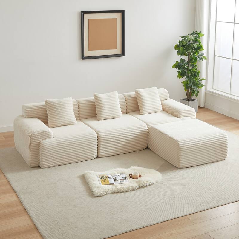 L-Shaped Modular Sectional Sofa with Ottoman, Corduroy Upholstered Boneless Couch, Deep Seat Sofa with Throw Pillows