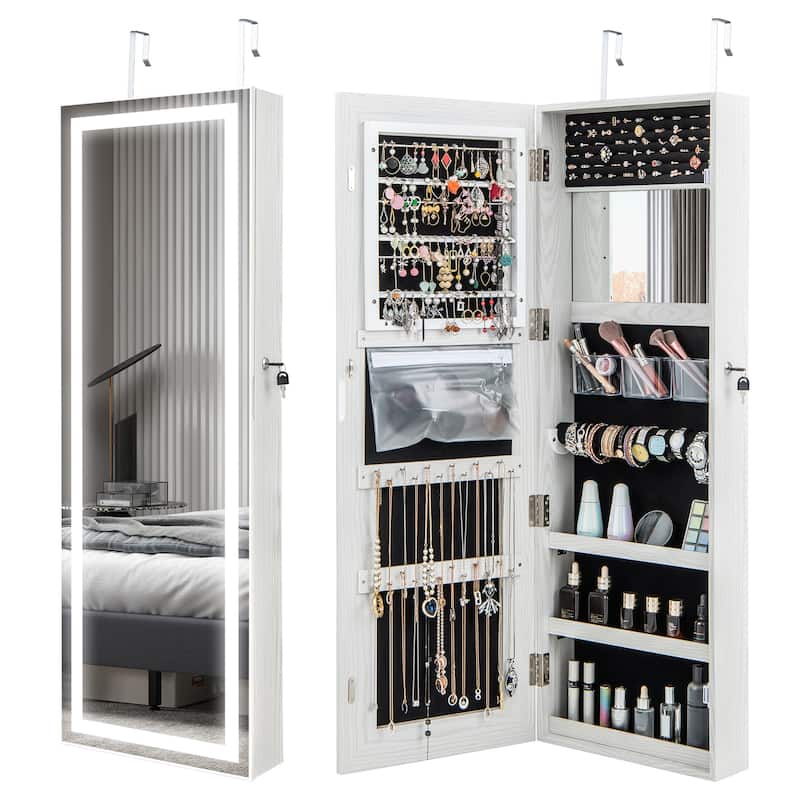 Costway Door Wall Mount Touch Screen LED Light Mirrored Jewelry - See Details - White