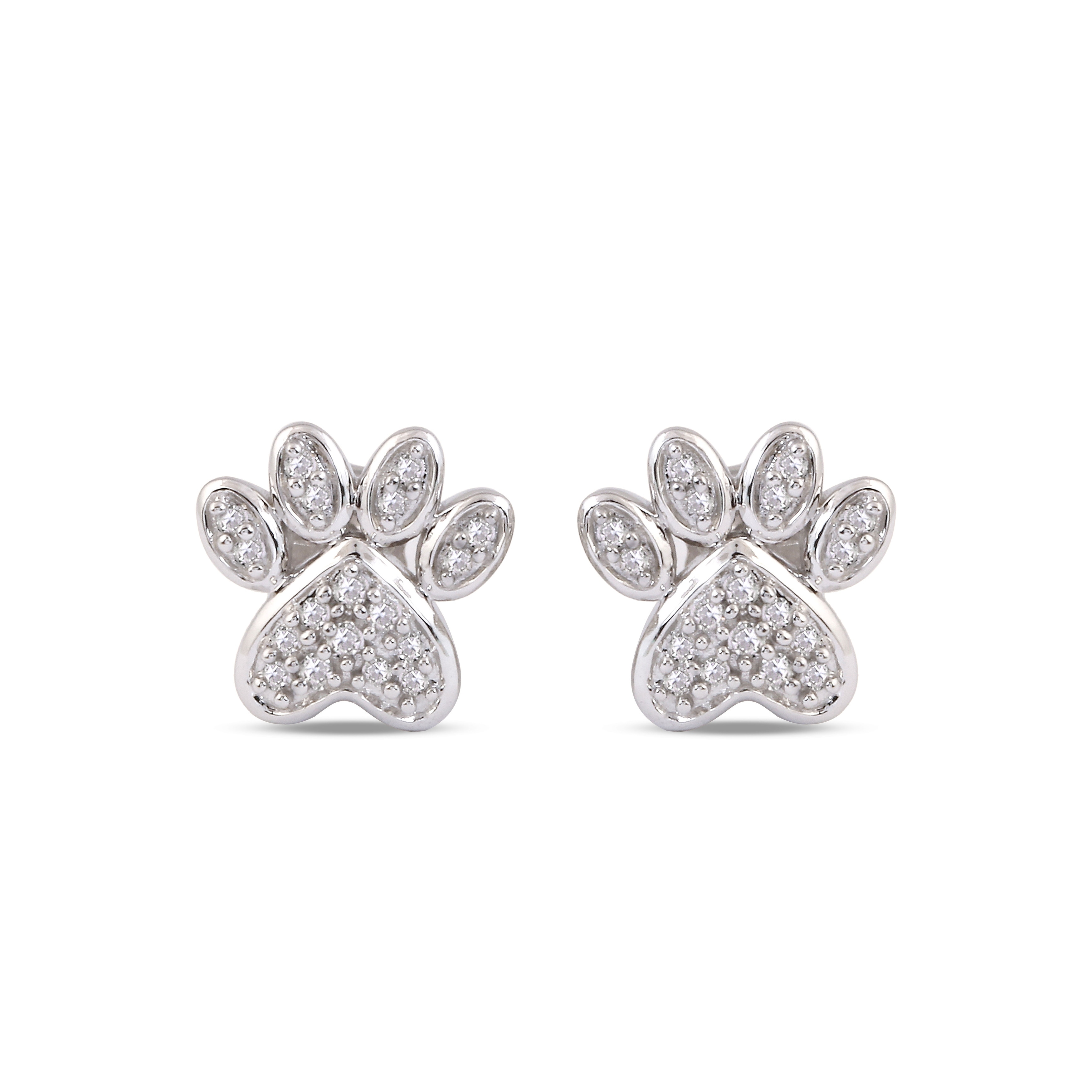 0.1 Cttw Black & White Natural Diamond Paw Print Stud Earrings In 10K Solid Gold 