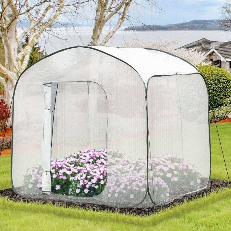 Outsunny 7' x 7' x 6' Garden Portable Greenhouse for Outdoors with Side Door & Portable Zipper Bag, Pop Up Greenhouse Tent - White