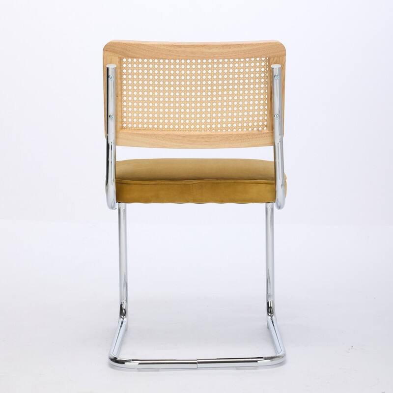 Mid Century Modern Dining Chairs Set of 2, Natural Cane Back & Stainless Chrome Base, Upholstered Rattan Kitchen Chairs