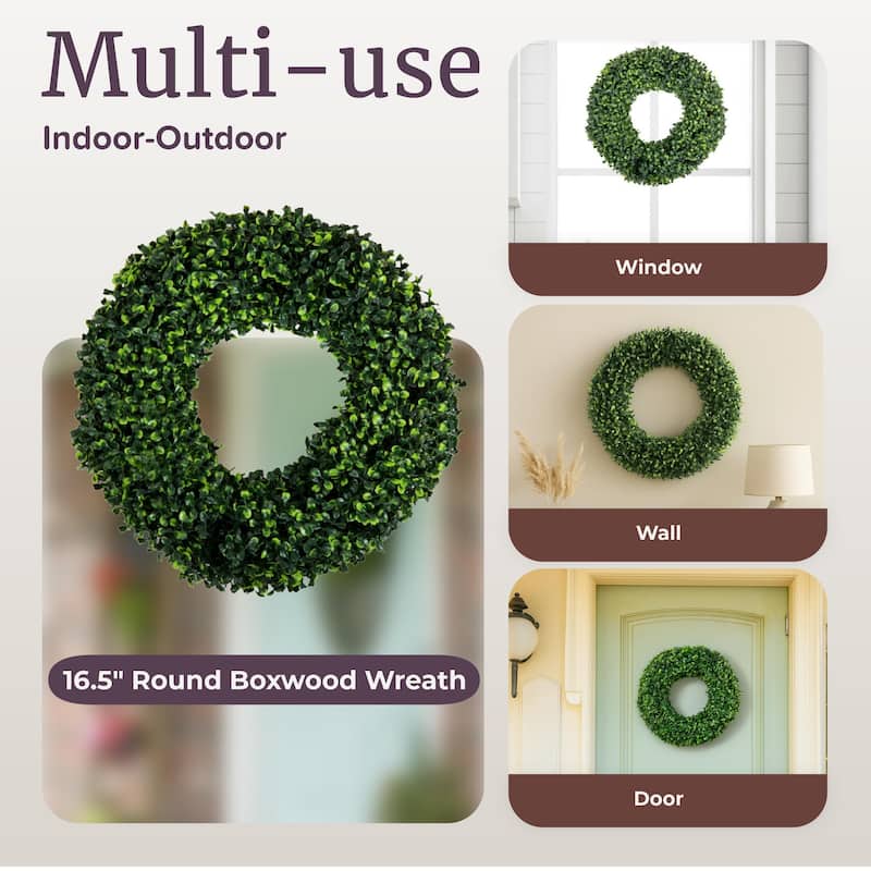 Pure Garden Decorative UV Resistant Boxwood Fall Wreath - 16.5-Inch Round