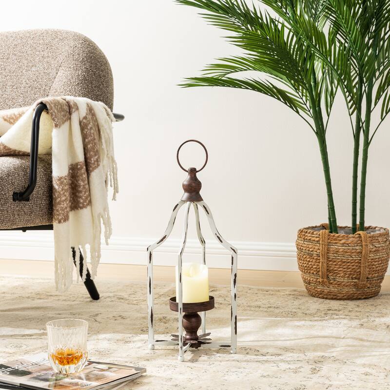 Glitzhome 16.50"H Modern Farmhouse Small Antique White Metal Lantern Candle Holder