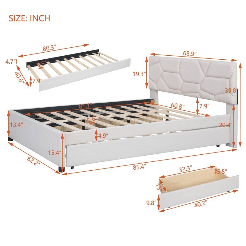 Upholstered Platform Bed with Trundle, 2 Drawers, Headboard