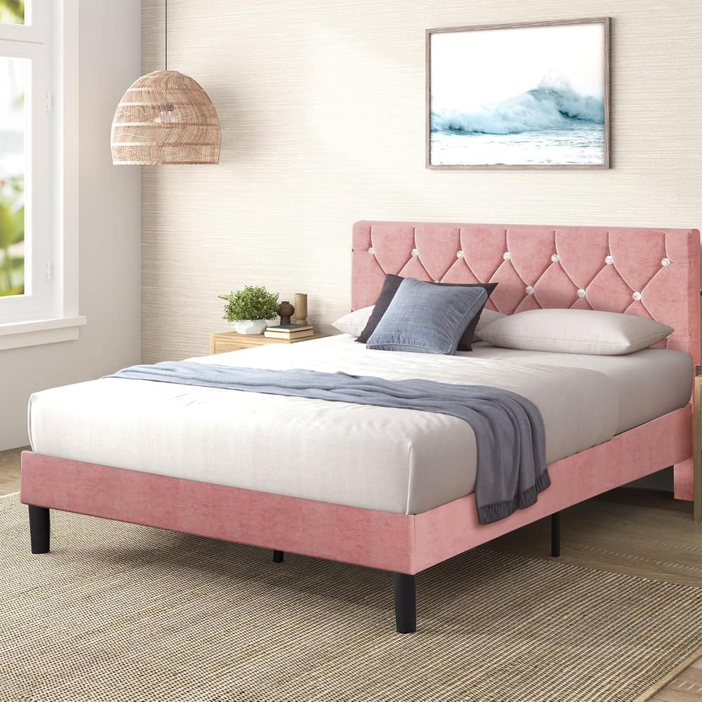 VECELO Upholstered Beds With Diamond Tufted Headboard Platform Bed Frame 7.9'' Under Bed Space