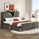 preview thumbnail 1 of 5, Full Size Platform Bed with Storage Headboard, Kid's Bed Frame with Sliding Door, Wooden Bed with 2 Drawers, Gray Grey