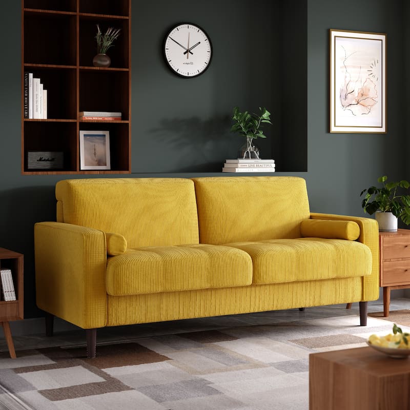 Modern Corduroy Upholstered 2 Seater Sofa with Bolster Pillows - Yellow