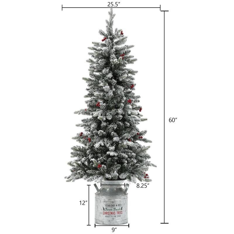 Pre-Lit LED 5ft Snow Flocked Artificial Christmas Tree with Red Berries and Metal Pot - 60" H x 25.5" W x 25.5" D