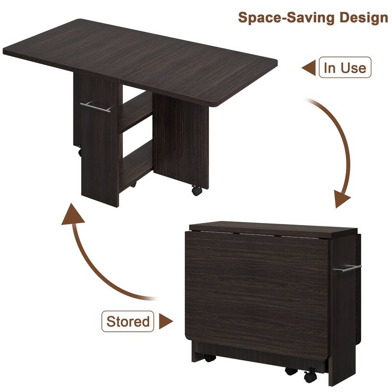 Folding Dining Table with 2 Tier Storage, Extendable Kitchen Table