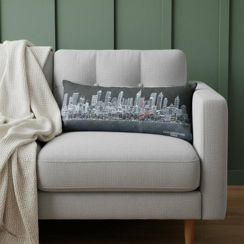 HomeRoots 14" X 35" Dark Gray And White Atlanta Nighttime Skyline Lumbar Decorative Pillow