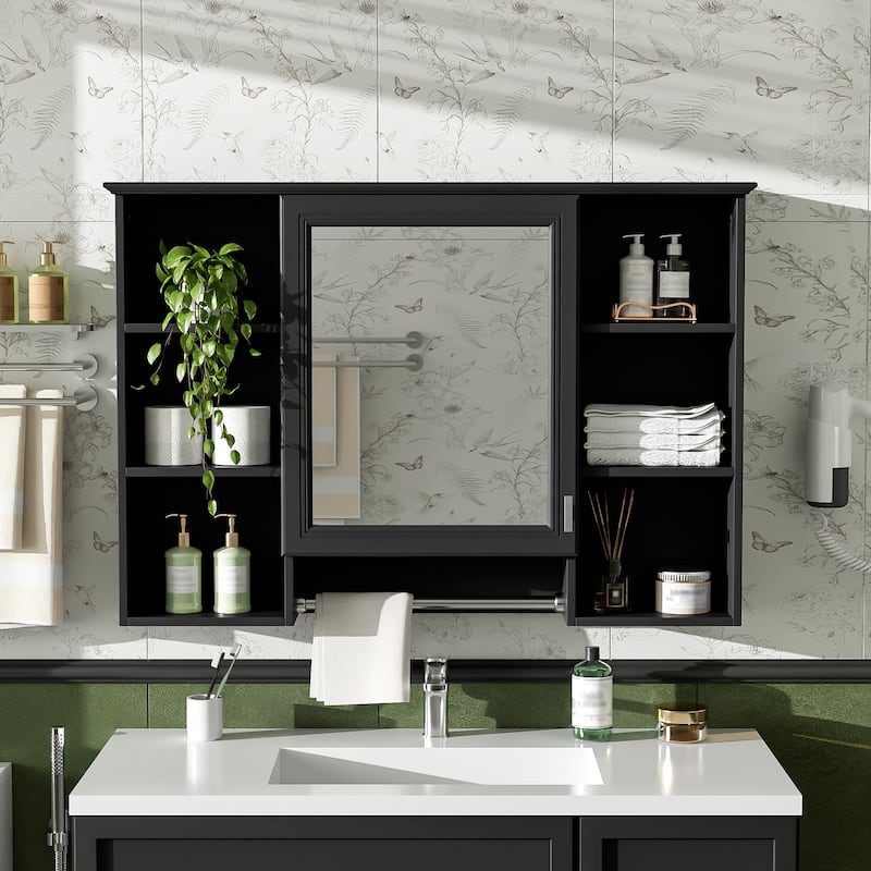 3-in-1 Bathroom Mirror Cabinet, 42 inch Wall Mounted Medicine Cabinet with Adjustable Shelf & Soft Close Door - Black