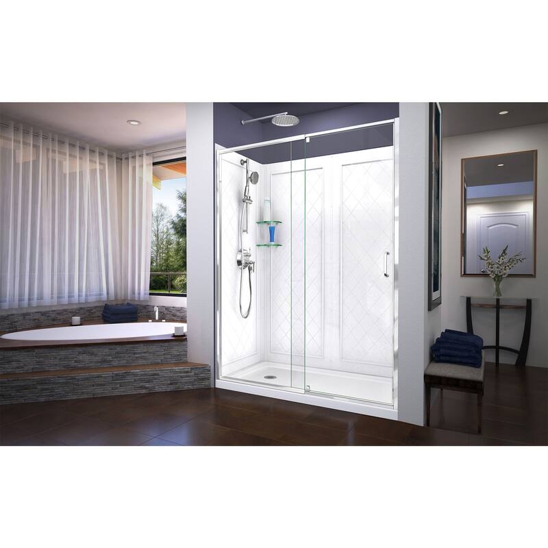 DreamLine Flex 30 in. D x 60 in. W x 76 3/4 in. H Pivot Shower Door, Shower Base and Backwall Kit - 30" x 60" - 30" x 60"