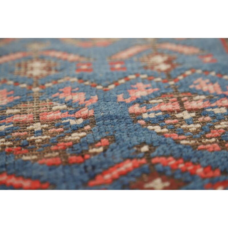 Hand Knotted Oriental 100% Wool Carpet Traditional Geometric Navy Blue & Blues Heriz Runner Rug - 15' 0'' X 3' 6''