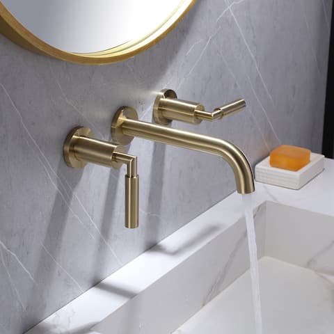 Brushed Gold Round Double Handle Wall Bathroom Faucet