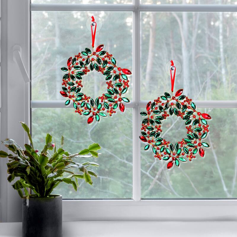 9.5" Jeweled Holly Wreath Ornament Set of 2