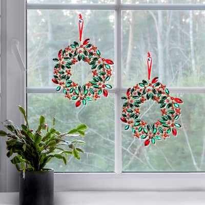9.5" Jeweled Holly Wreath Ornament Set of 2