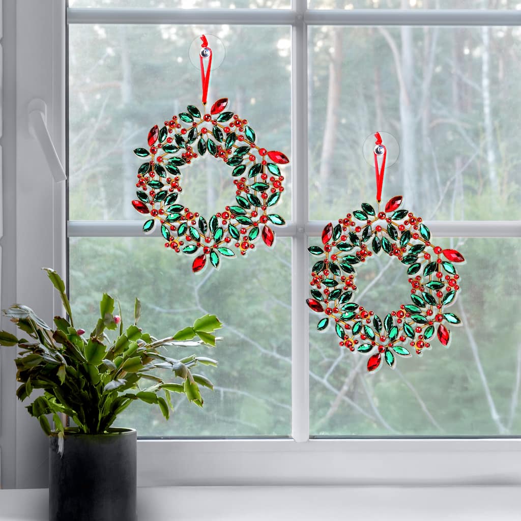 9.5" Jeweled Holly Wreath Ornament Set of 2