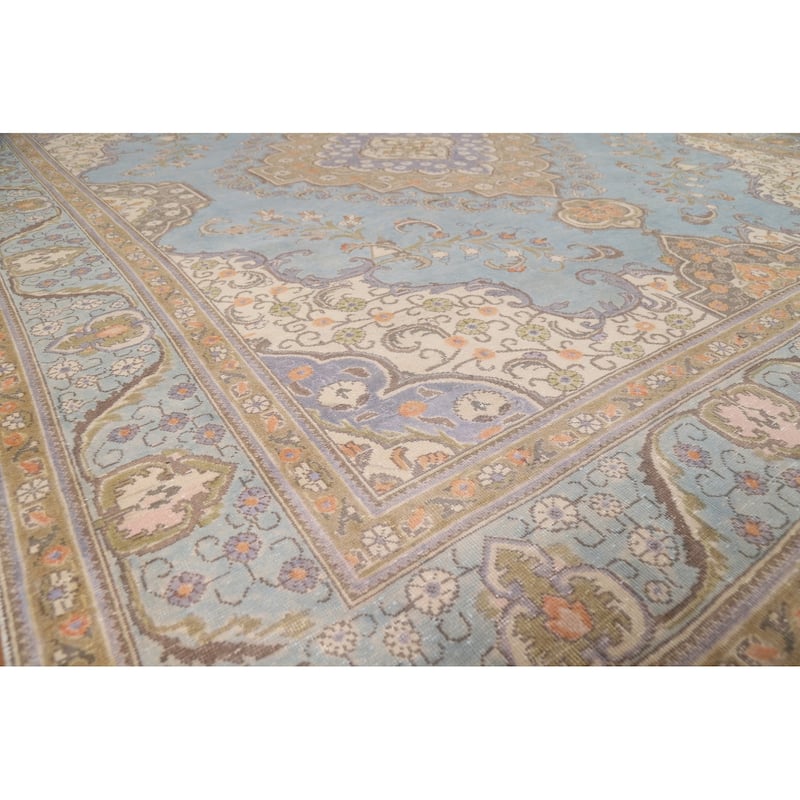 Geometric Tabriz Persian Area Rug Light Blue Handmade Wool Carpet - 9'7"x 12'4"