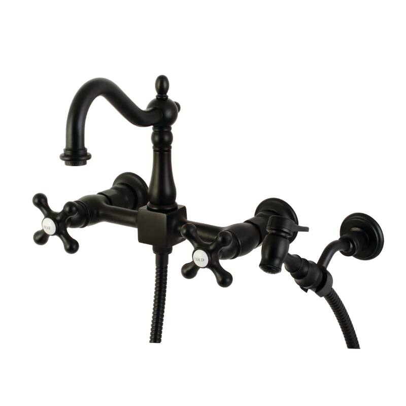 Kingston Brass Heritage Wall Mount Bridge Kitchen Faucet with Brass Sprayer
