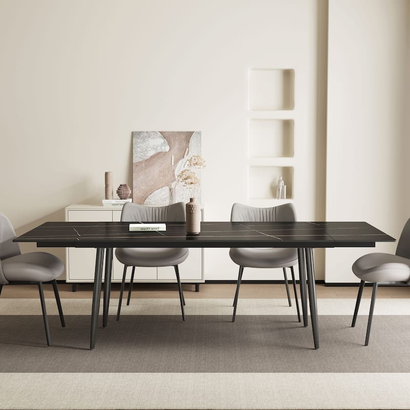 62.9'' to 94.4'' expandable Slate rectangular Glossy White kitchen Stone Top dining table stainless steel legs.