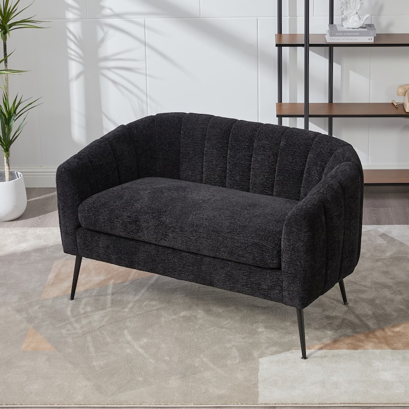 Roomfitters Chenille Loveseat, Channel Tufted 2-Seater Sofa with Metal Legs for Living Room, Bedroom or Small Spaces, Black