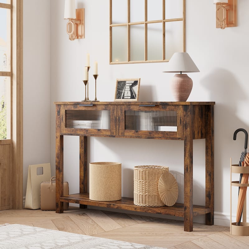 Entryway Table, Wood Console Table with 2 Glass Drawers