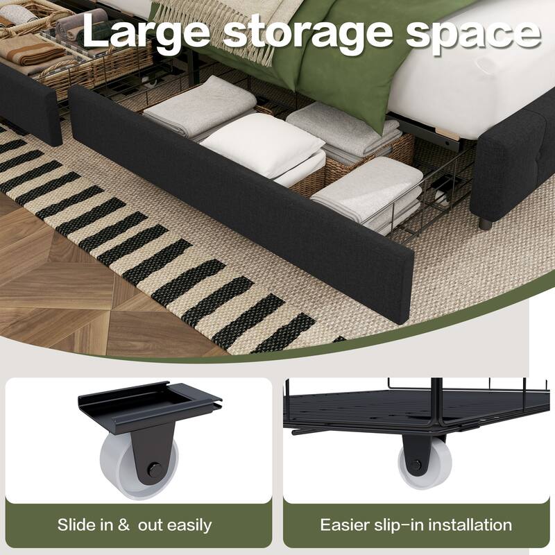 Linen Upholstered Headboard Bed Frame with Large Hidden Storage, 4 Underbed Drawers with Pulleys