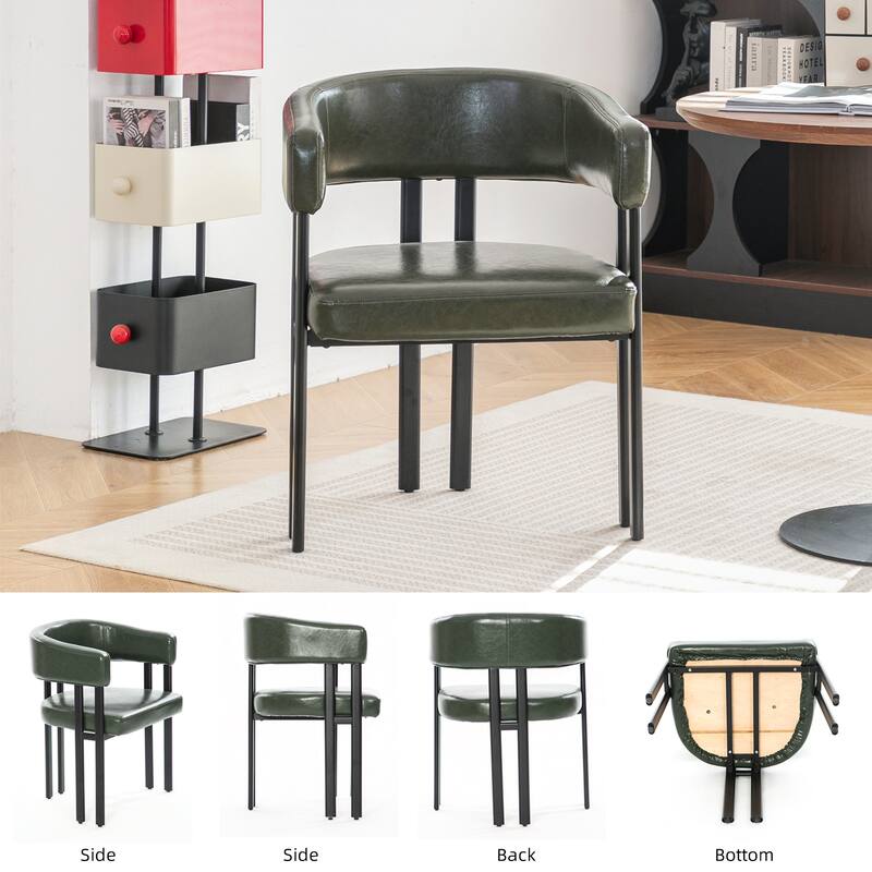 Modern Dining Chairs Set of 2, Faux Leather Upholstered Barrel Chairs with Integrated Curved Back And Armrests, Metal Frame