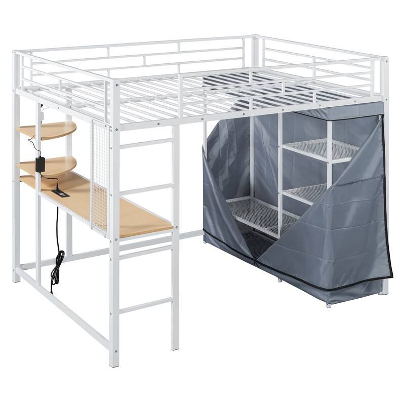 Modern Loft Bed with Desk & Wardrobe, Metal Loft Bed Frame with Shelves, USB Power Outlet, LED Light, for Kids Teens Adults