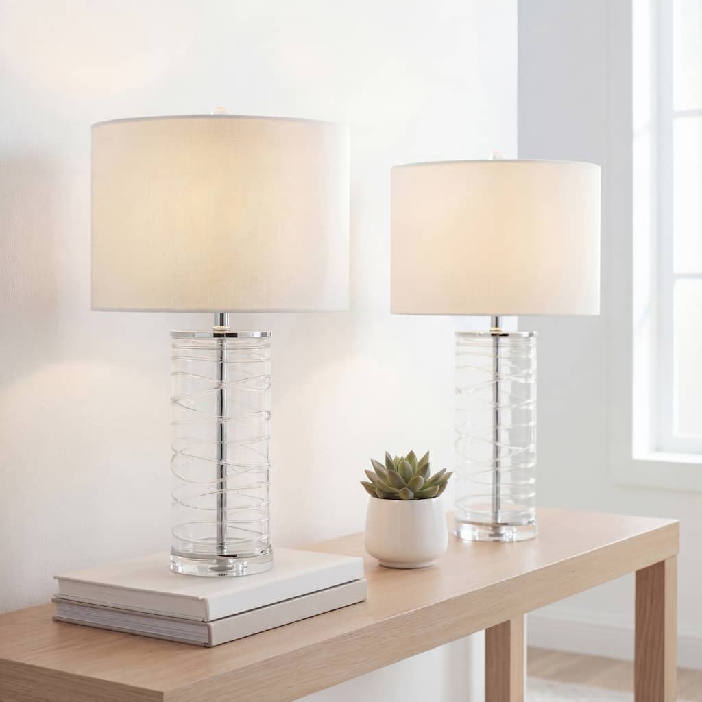 Coco 27.5" Modern Fused Glass Cylinder LED Table Lamp, Turquoise (Set of 2) by JONATHAN Y