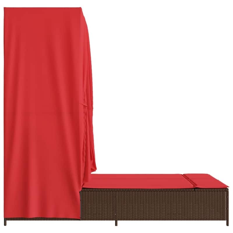 vidaXL Double Sun Lounger with Roof and Curtains Poly Rattan Brown/Gray/Black - 40.9" x 77.6" x 76"