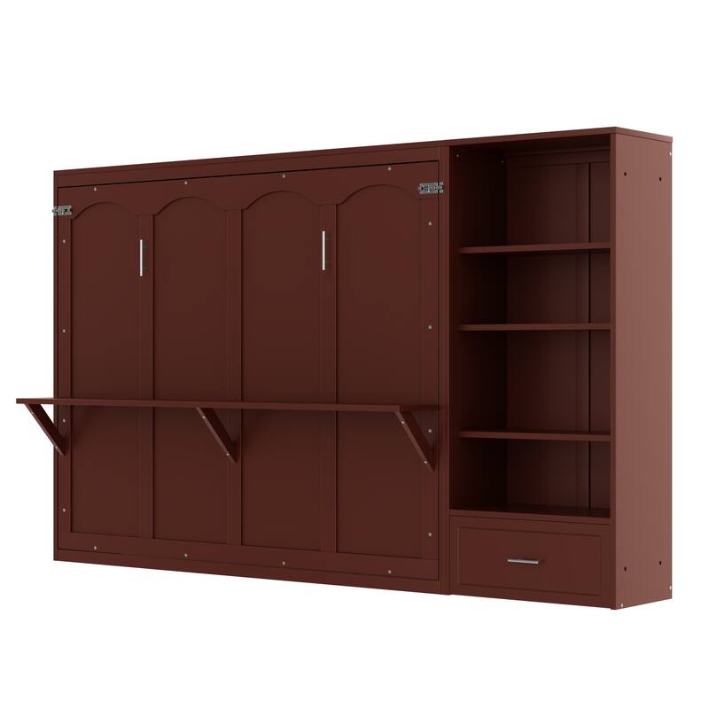Murphy Bed Foldable Platform Bed Frame Queen Size Wall Bed with Drawer and Storage Cabinet Adjustable Height Compartments Shelf