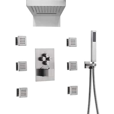 Brushed Nickel 22" Rainfall Waterfall 4 Way Thermostatic Shower Faucet System w/ Body Jets, Sprayer - Brushed Nickel