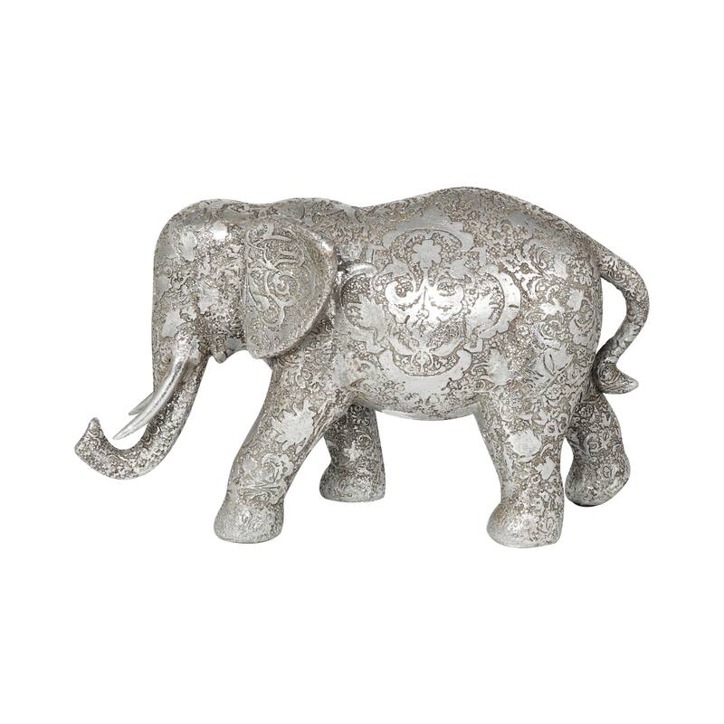 Silver Polystone Engraved Floral Elephant Decorative Sculpture