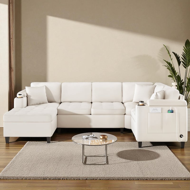115.7" Modern U-Shaped Sectional Sofa with Cup Holders, Storage Space and USB Ports, Oversized Chenille Couch for Living Room