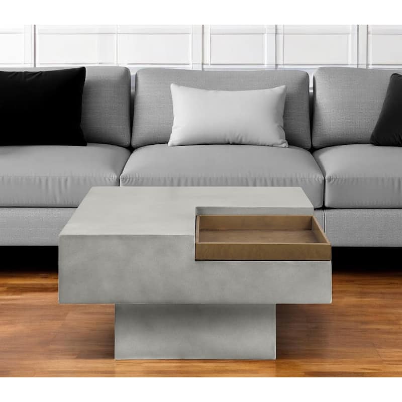 HomeRoots 32" Gray Cement Square Distressed Pedestal Coffee Table - 32' X '17' X '32 - Gray