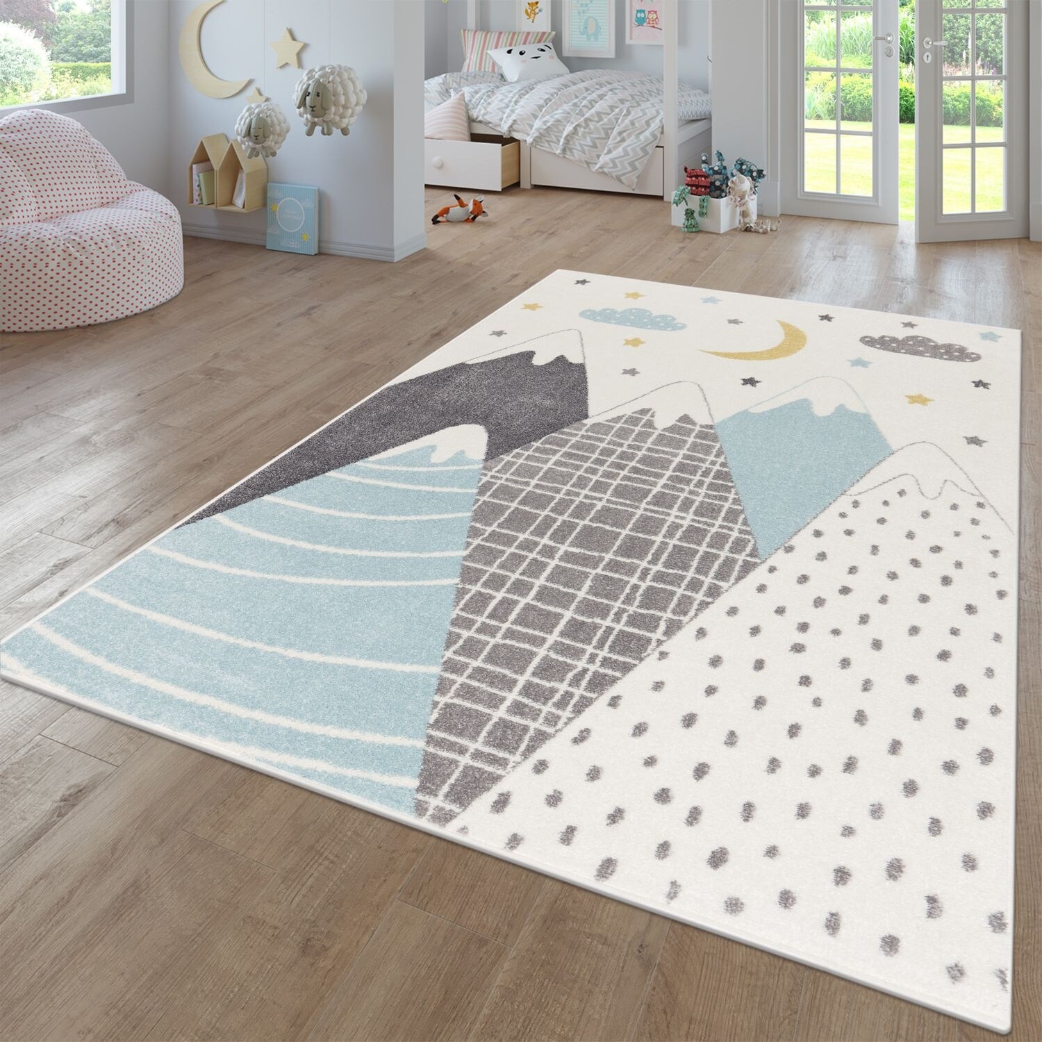 Grey Moon Rug Nursery Kids Rug With Pastel Mountains Dreamy Stars