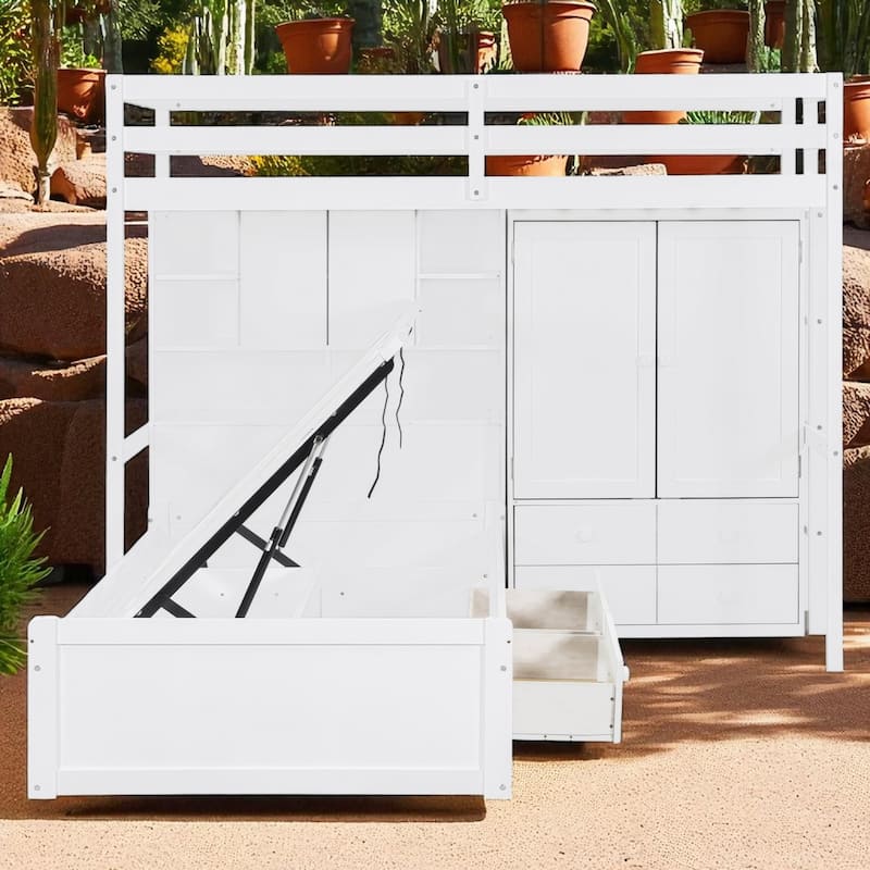 Twin Bunk Bed with Drawers, Wardrobe, Shelves and Hydraulic Lift Storage, Space Saving Bed for Kids Teens