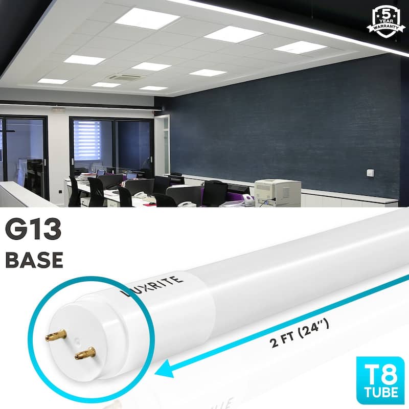 Luxrite 2FT T8 LED Tube Light, 8W=17W, 3 Color Option, Single and