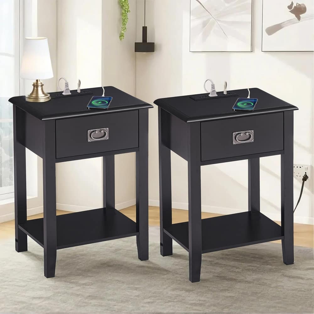 VECELO Mid Century Modern Nightstand Set of 2 (Choose 1 or 2 Drawers) with Charging Station 2 AC Outlets & 2 USB Ports