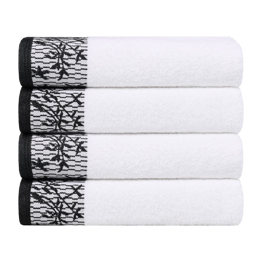 Blue Nile Mills Cotton Bath Towel Set with Floral Embroidered Jacquard Border, Set of 4