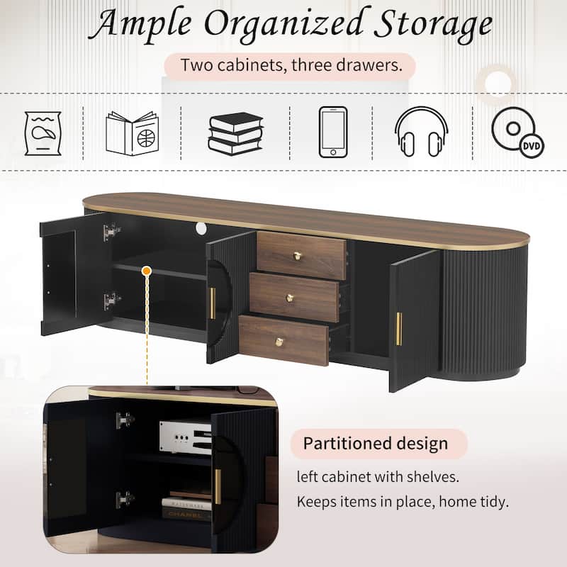 70.8" Floor Curved Storage TV Stand with 3 Drawers 3-Door Decorative TV Cabinet for TVs up to 80'' Media Console Table