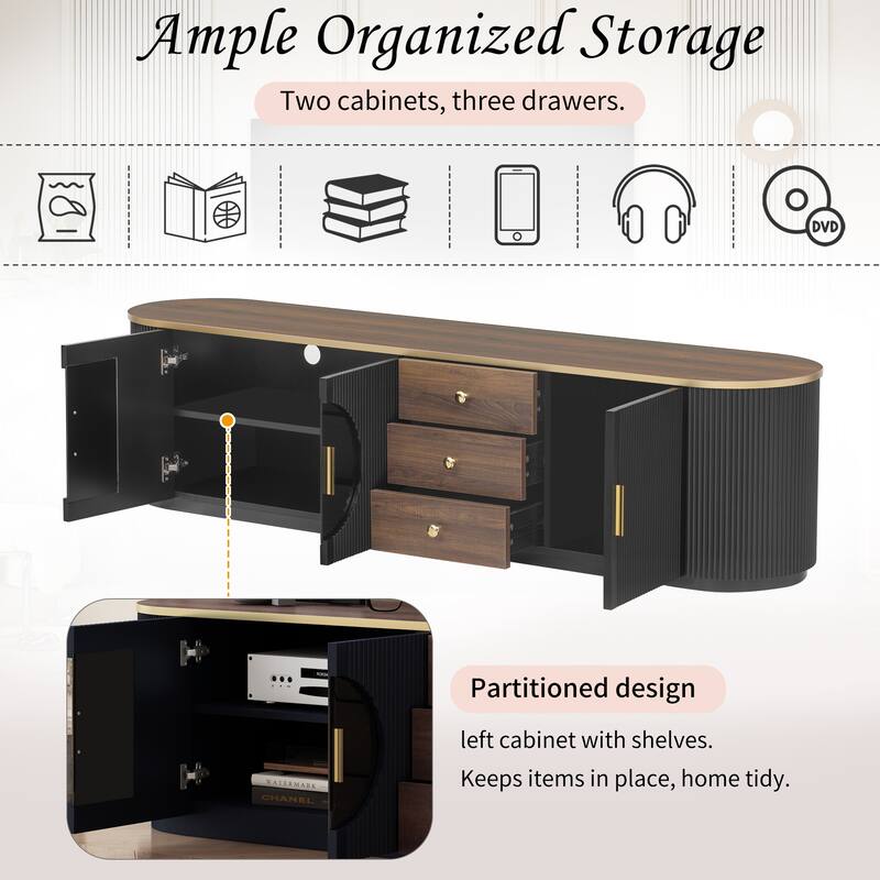 Oval-shaped Top TV Stand for TVs up to 80 Inches, Fluted Media Storage Cabinet TV Console with 3 Drawers