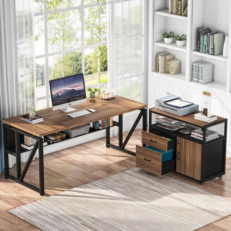 55 inches computer desk and 32 inches file cabinet 2 Piece Home Office Furniture with Bookshelf,Double Drawers